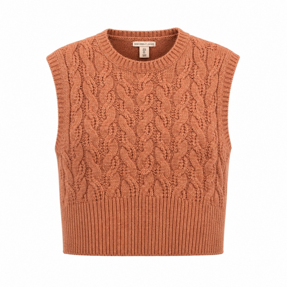 Sincerely Jules Women Orange Cable Knit Sweater Vest Crew Neck Size Large - Picture 1 of 5
